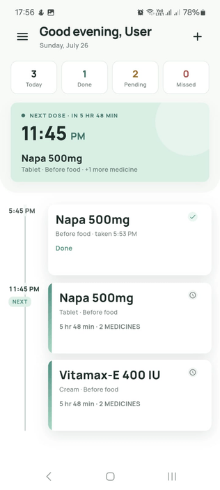 MediTime application showing today's medication reminders
